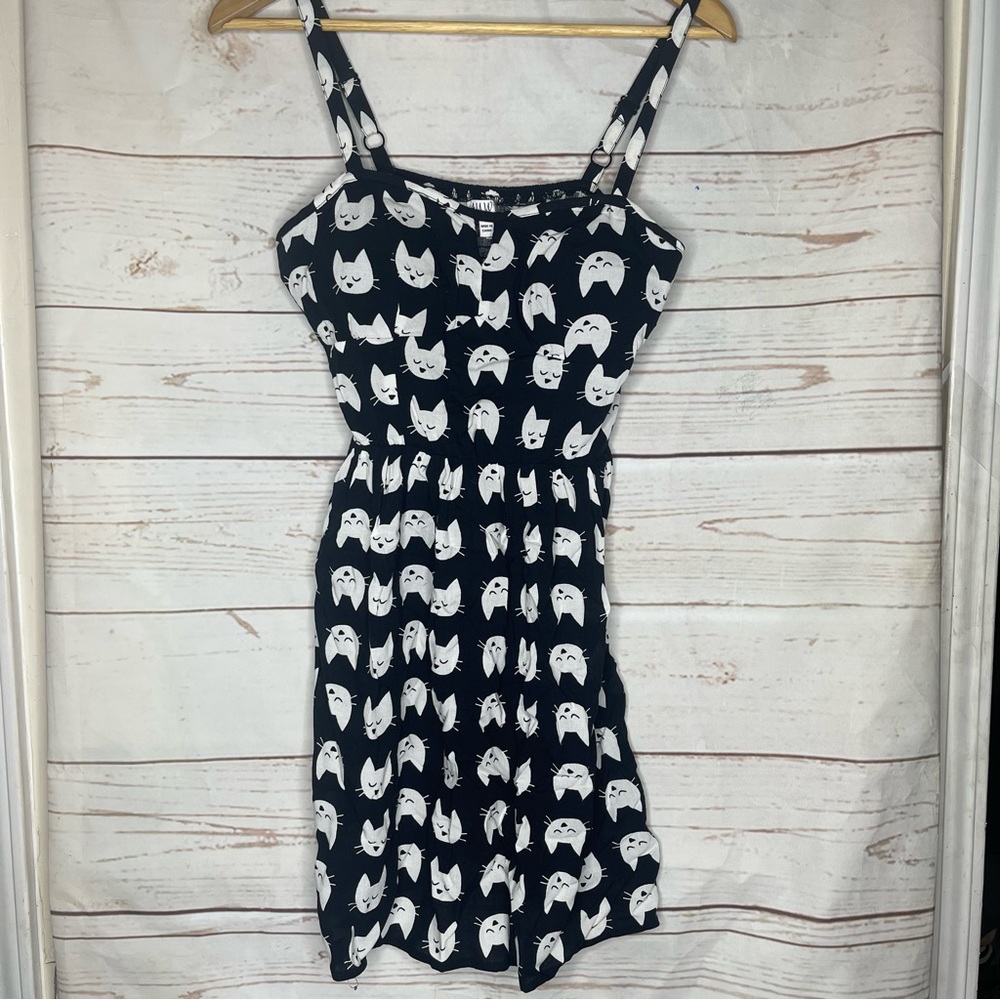 A.U.W. • Black Mini Dress • Cat Print • Medium • Padded • White Cats
